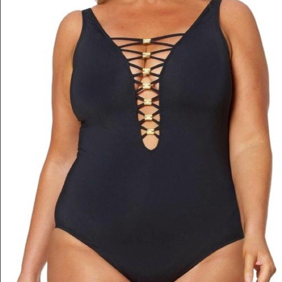 Bleu Rod Beattie Other - Bleu Rod Beattie Women's Black Go For The Gold Lace Down 1 Piece Swimsuit sz 22W